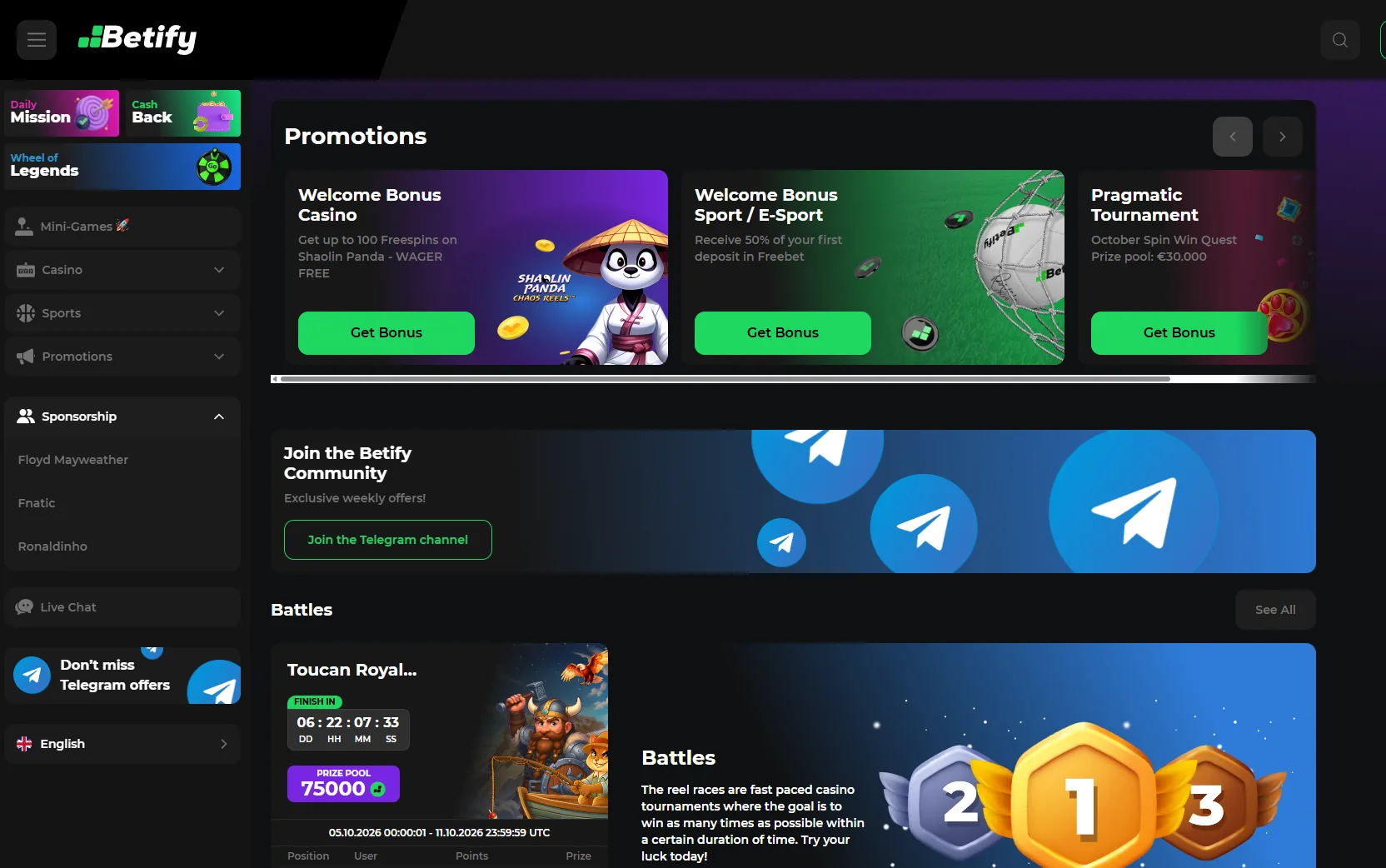 Espace promotions et bonus de bienvenue Betify Casino pour les sections Casino et Paris Sportifs