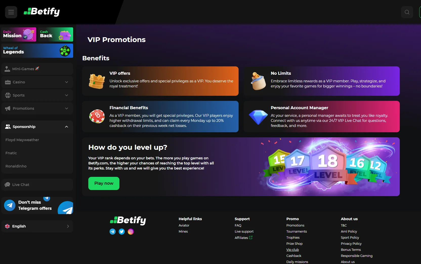 Club VIP Betify détaillant les 18 paliers d'évolution, le cashback hebdomadaire et le conseiller dédié