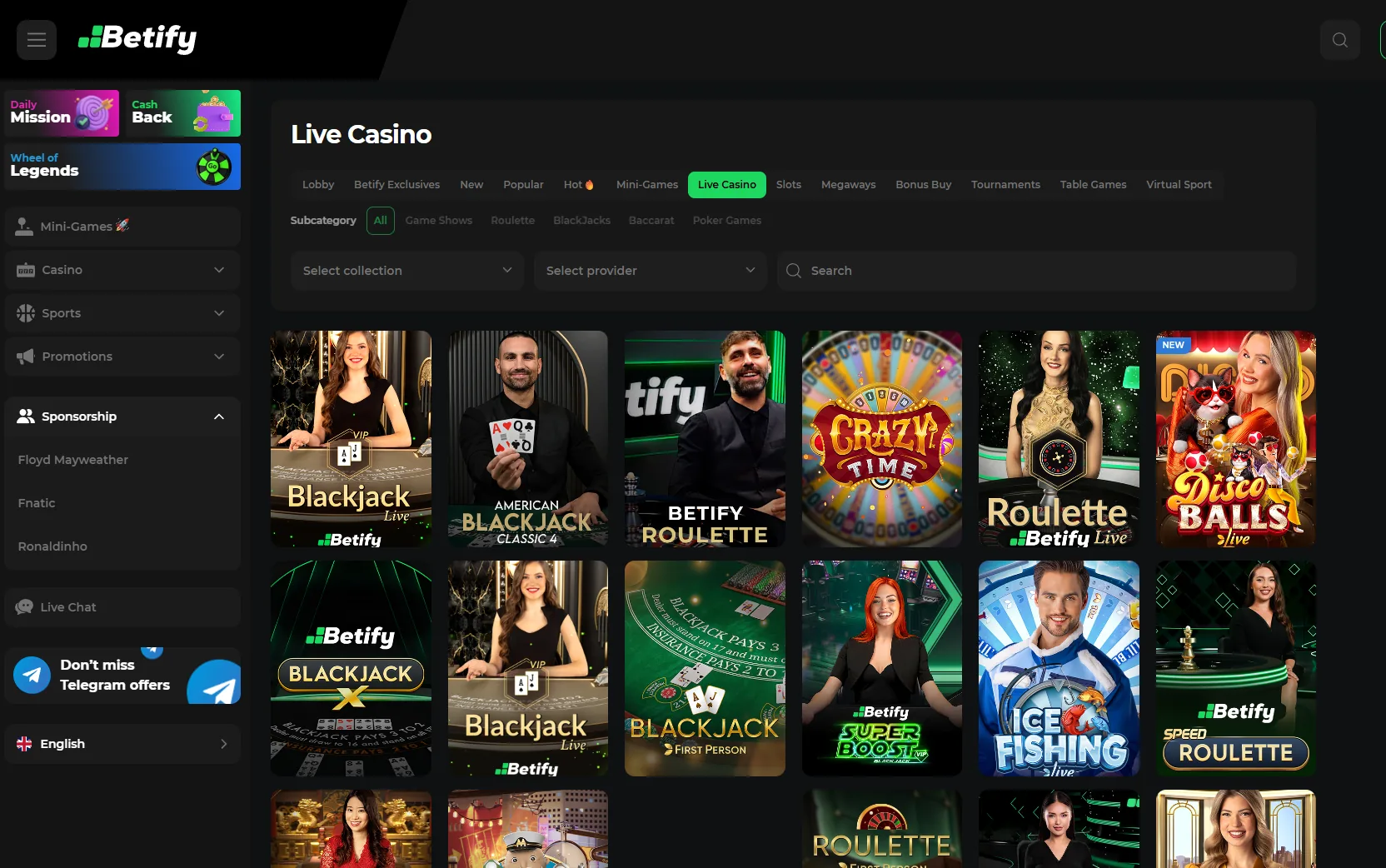 Lobby Live Casino Betify avec tables exclusives de Blackjack, Roulette et jeux télévisés en direct