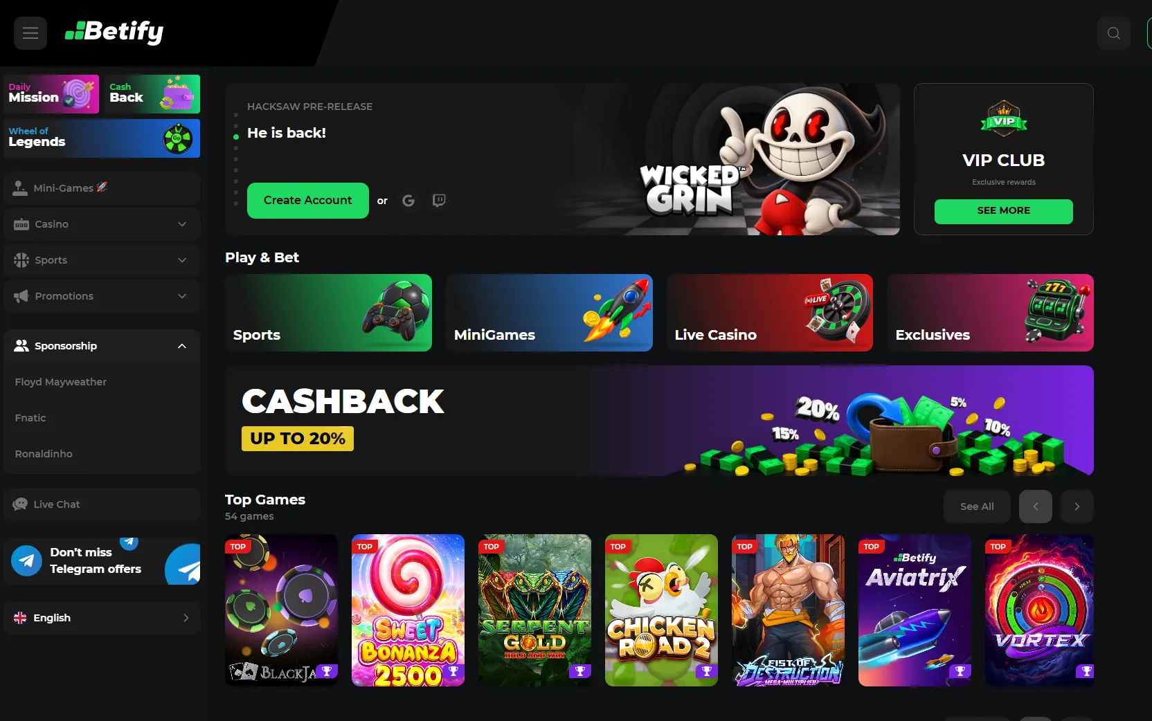 Interface officielle du lobby Betify Casino avec les catégories de jeux et bannières promotionnelles