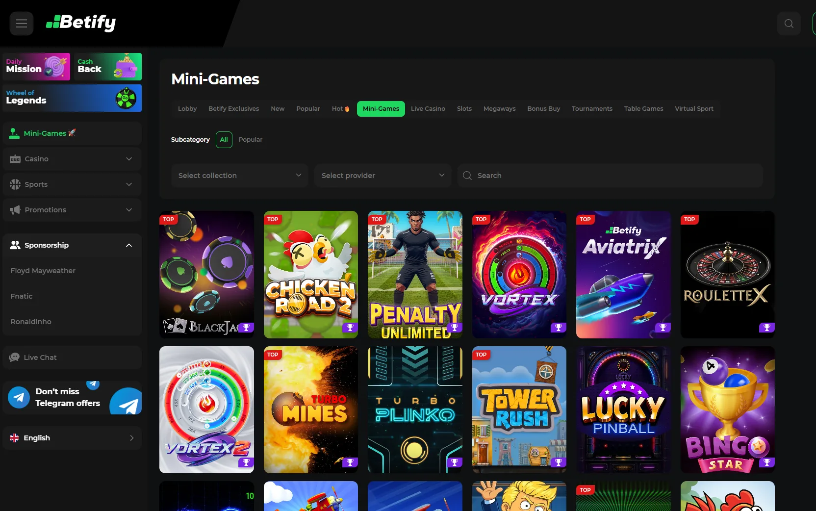 Sélection des mini-jeux et crash games officiels Betify avec Aviatrix, Mines, Plinko et Penalty