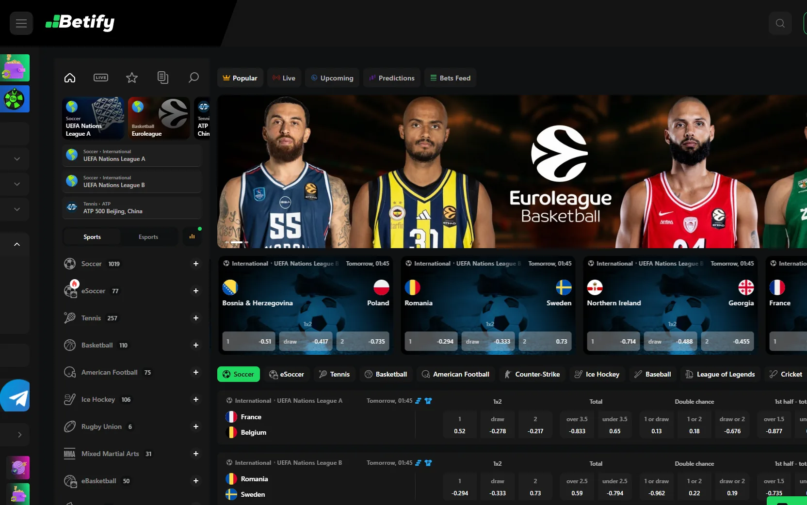Plateforme de paris sportifs Betify avec cotes football, basketball et compétitions eSports en direct